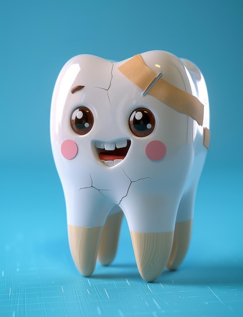 Personaje de dientes con vendaje y una gran sonrisa