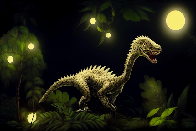 Personaje de dinosaurio en el bosque prehistórico dinosaurio en la jungla por la noche