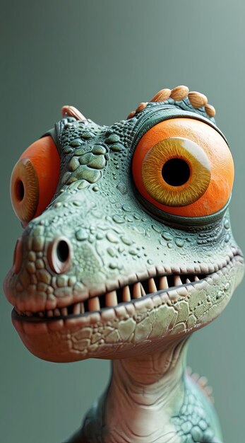 Foto personaje de dinosaurio de dibujos animados con un ojo naranja ojos y boca