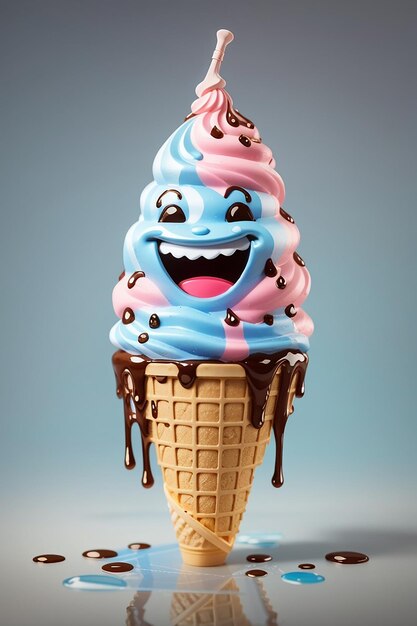 Personaje divertido de un cono de helado sonriendo y goteando