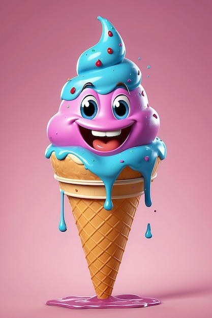 Personaje divertido de un cono de helado sonriendo y goteando