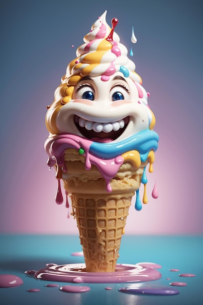 El personaje divertido de un cono de helado sonriendo y goteando