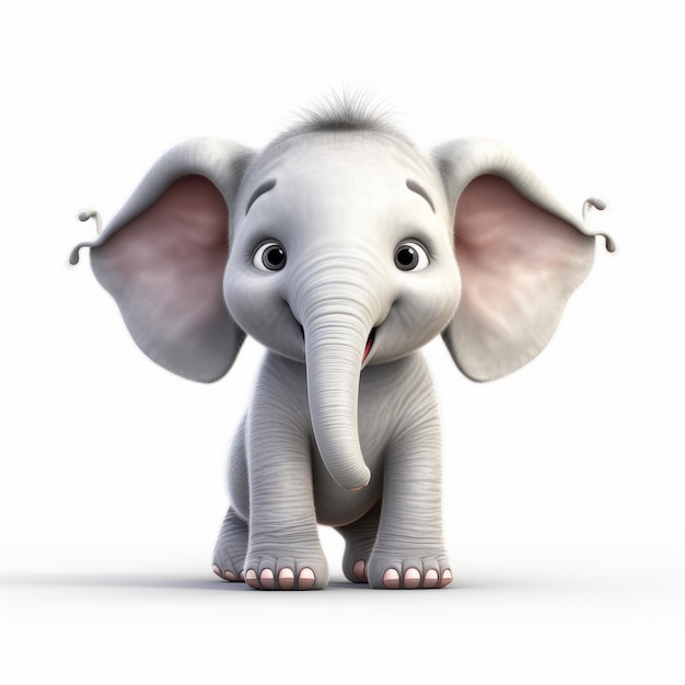 Personaje de elefante esponjoso en toda su longitud con gran ángulo sobre fondo blanco