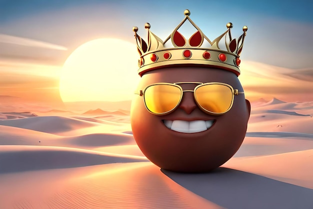 personaje emoji sonriente con gafas de sol doradas y una corona real ilustración 3d