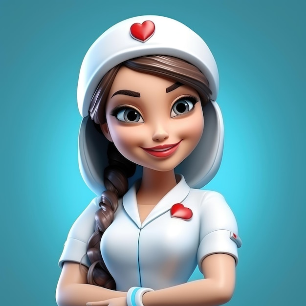 personaje de enfermera médica en un botón de icono de estilo 3D para la interfaz web de Internet y el diseño del sitio web Educación preescolar de niños en coloridas imágenes 3D utilizadas como alfabeto