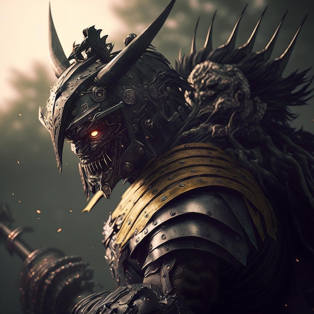 Un personaje con una espada y una máscara con la palabra samurái.
