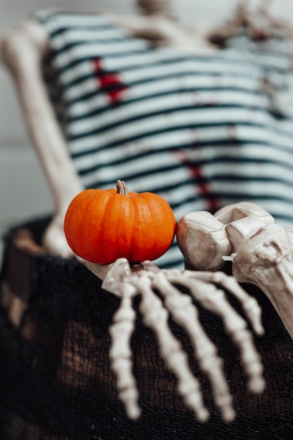 Personaje de esqueleto de Halloween disfrazado de pirata con sombrero de tres picos negro