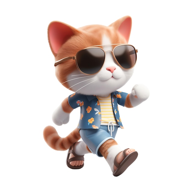 Personaje de estilo gato 3D en traje de verano caminando aislado IA generativa