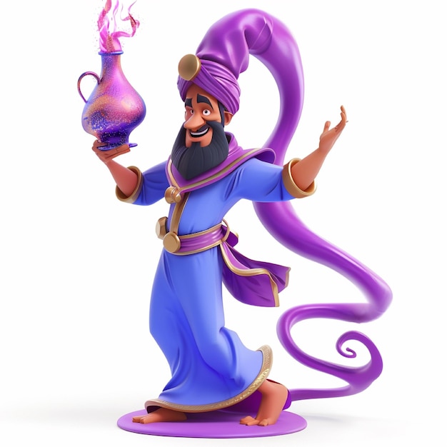 Foto personaje de fantasía de dibujos animados en 3d genio con un turbante púrpura aislado en blanco