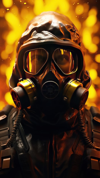 Foto personaje de fantasía con máscara de gas con tema cyberpunk amarillo
