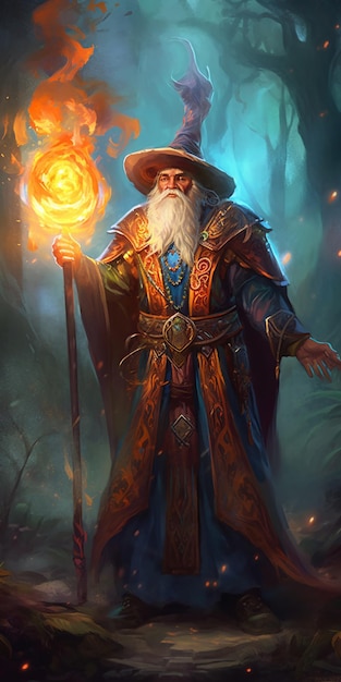 Personaje de fantasía mística con arma épica guerrero hechicero dragón huntsmann