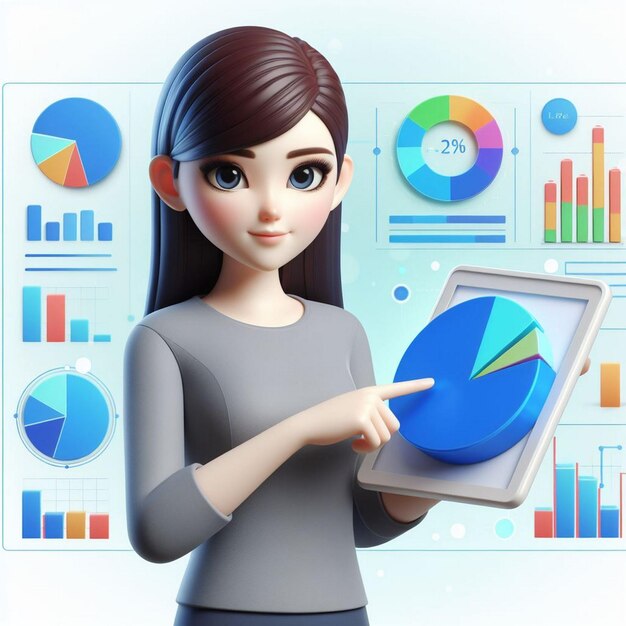 Foto personaje femenino en 3d sosteniendo la tableta y apuntando al gráfico circular