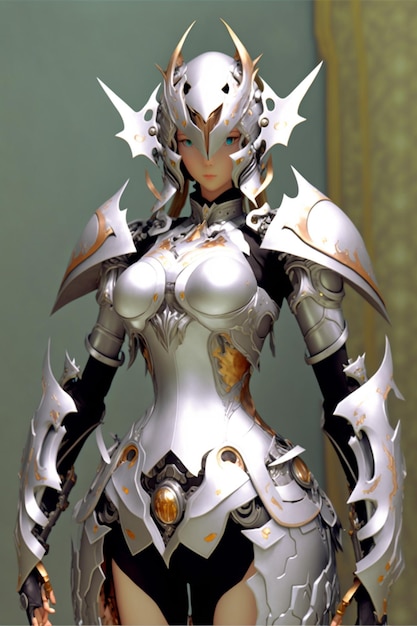 Un personaje femenino con una armadura plateada y un casco plateado.