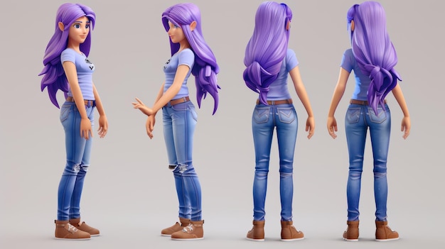 Personaje femenino de dibujos animados en 3D Joven mujer contemporánea con cabello púrpura con vaqueros y una camiseta y agitando la mano a toda altura