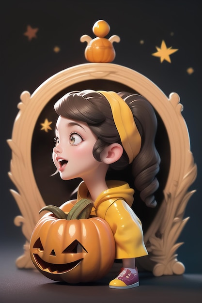 Un personaje femenino de dibujos animados lindo sostiene una calabaza con un estilo de moda de Halloween