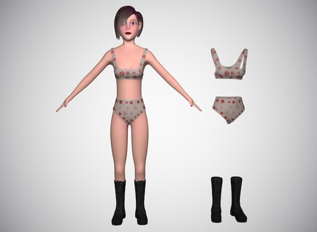 Personaje femenino estilizado con ropa sobre un fondo blanco 3drendering