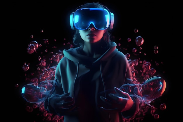 Personaje femenino realista en 3d con gafas VR futuristas y espacio de copia de auriculares tecnología de concepto de metaverso videojuego y renderizado 3d de realidad virtual Ai generativo