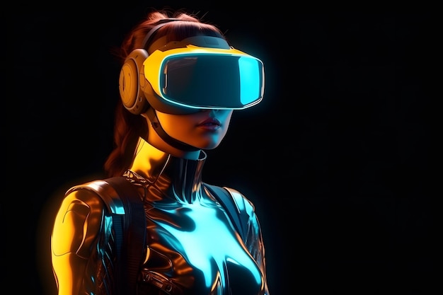 Personaje femenino realista en 3d con gafas VR futuristas y espacio de copia de auriculares tecnología de concepto de metaverso videojuego y renderizado 3d de realidad virtual Ai generativo