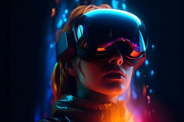 Personaje femenino realista en 3d con gafas VR futuristas y espacio de copia de auriculares tecnología de concepto de metaverso videojuego y renderizado 3d de realidad virtual Ai generativo