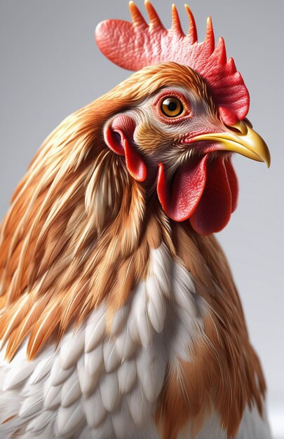 Foto personaje de gallina antropomórfico aislado en el fondo