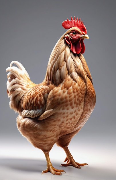 Foto personaje de gallina antropomórfico aislado en el fondo