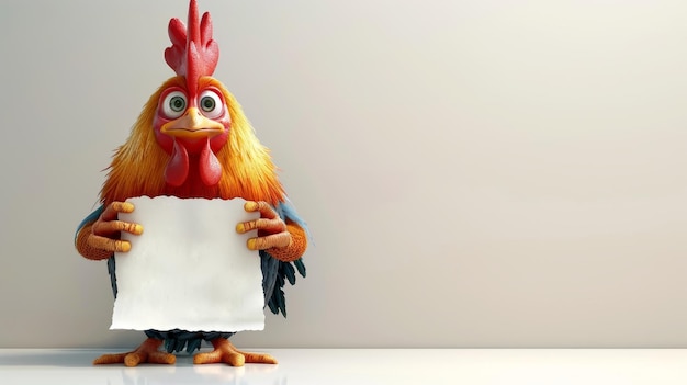 Foto el personaje de un gallo con un pedazo de papel en sus manos ilustración 3d