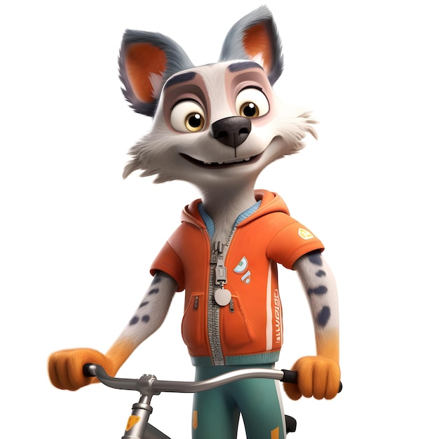 Un personaje con un gato en bicicleta con una chaqueta naranja.