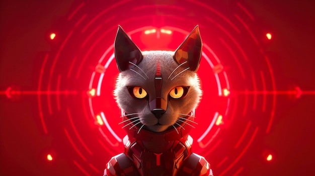 Personaje de gato cibernético en traje rojo de superhéroe
