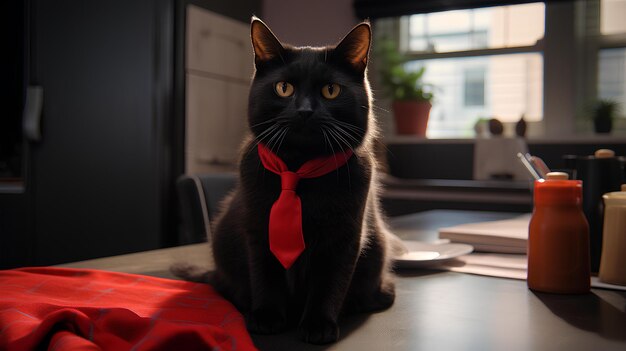 Foto personaje de gato negro sentado con un collar de color magenta en un mostrador