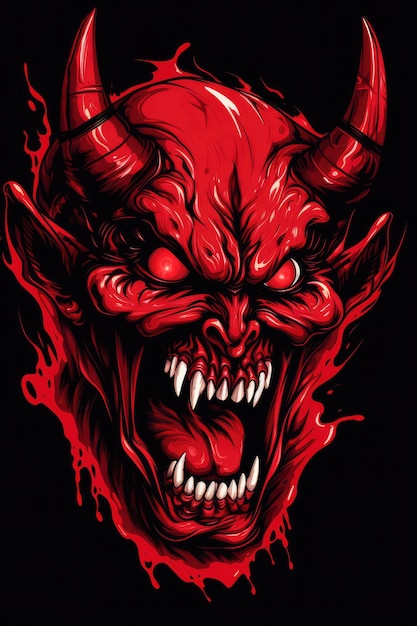 Foto el personaje del grito del diablo como un demonio rojo o un monstruo gritando con colmillos y dientes con la boca abierta como una cara de horror de vista lateral