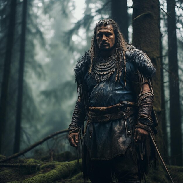 Personaje de guerrero vikingo en el bosque con peinados