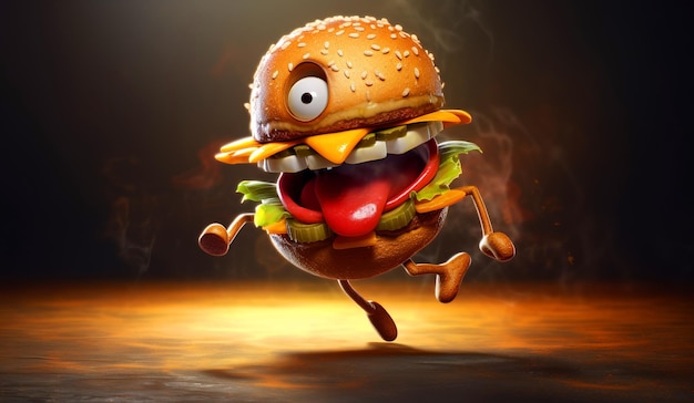 El personaje de la hamburguesa loca en fondo oscuro