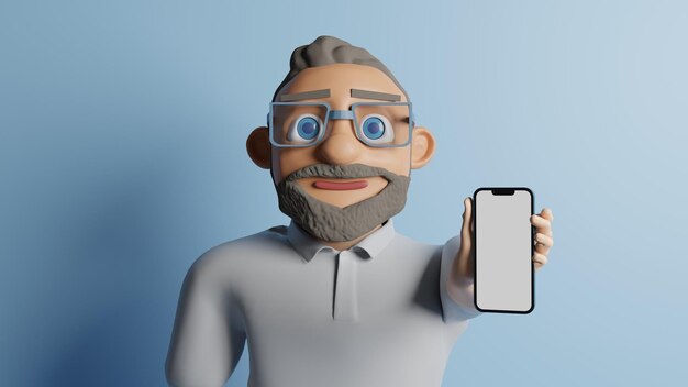 Foto personaje de hombre con barba y gafas ilustración 3d sobre un fondo azul sosteniendo un teléfono inteligente