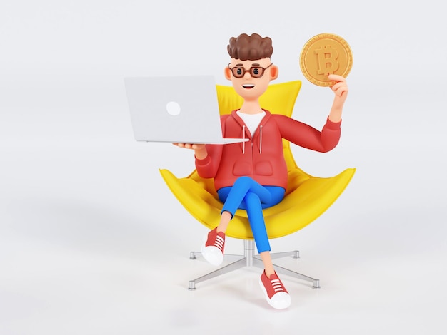 Foto el personaje de un hombre de negocios de dibujos animados está sentado en una silla con una computadora portátil y una mano sosteniendo una moneda de bitcoin ilustración 3d