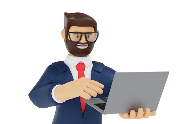 Personaje de hombre de negocios feliz sosteniendo una computadora portátil apuntando con el dedo a la computadora de pantalla en blanco renderizado 3D