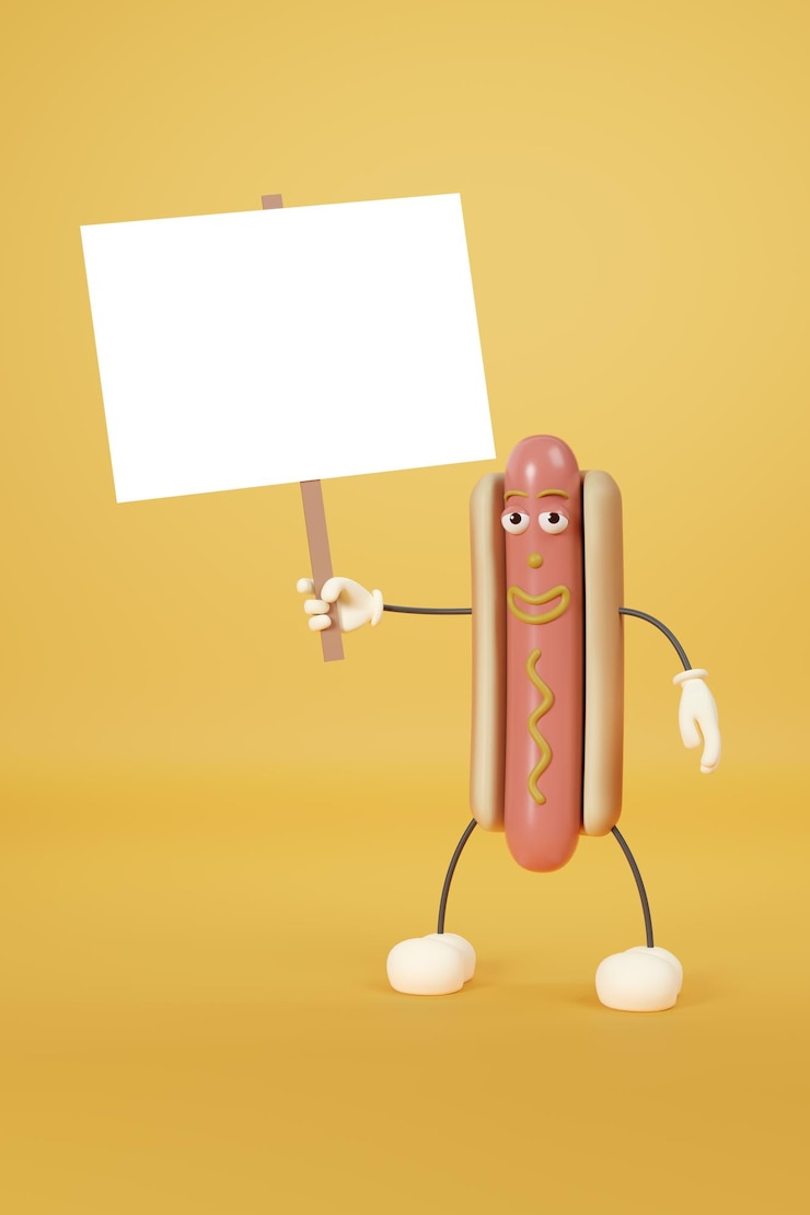 Foto el personaje de hot dog de dibujos animados gracioso sosteniendo un letrero en blanco ilustración 3d