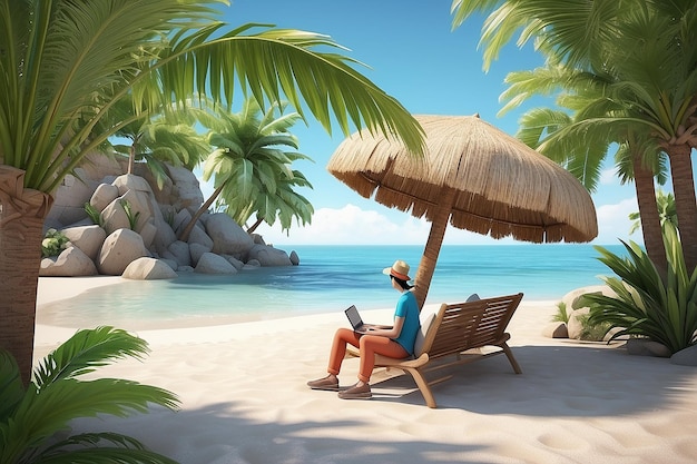 Personaje humano sentado bajo una palmera Ilustración de renderizado 3D