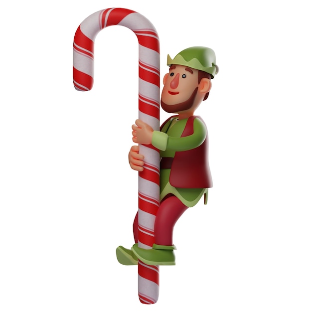 Personaje de ilustraciones 3D Cara divertida Ilustración 3D de elfo escalando en un bastón de caramelo que muestra