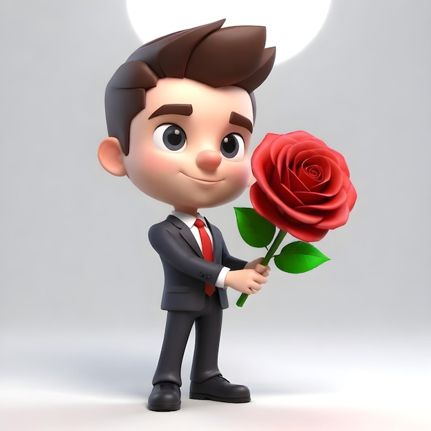 Un personaje joven y lindo de negocios en 3D sosteniendo una rosa sobre un fondo blanco
