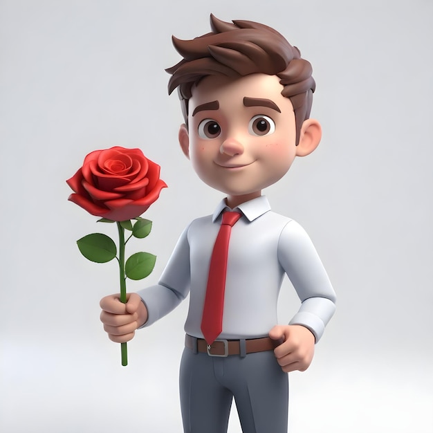 Un personaje joven y lindo de negocios en 3D sosteniendo una rosa sobre un fondo blanco