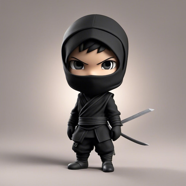 Foto un personaje de juego de dibujos animados ninja en 3d, niño, vajilla, tela negra con fondo blanco claro