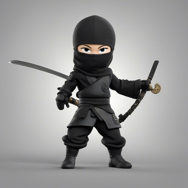 Foto un personaje de juego de dibujos animados ninja en 3d, niño, vajilla, tela negra con fondo blanco claro