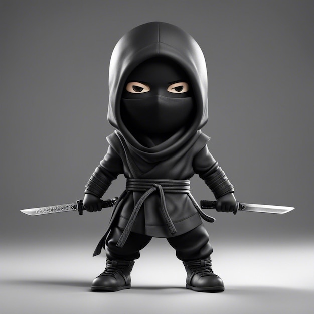 Un personaje de juego de dibujos animados ninja en 3D, niño, vajilla, tela negra con fondo blanco claro