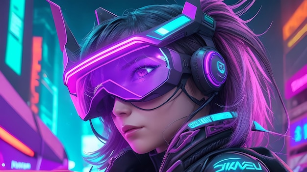 personaje de juego femenino inspirado en cyberpunk su visor de realidad aumentada proyecta información vital