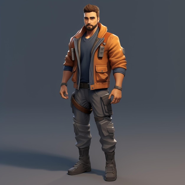 Personaje de juego masculino estilizado con barba y chaqueta