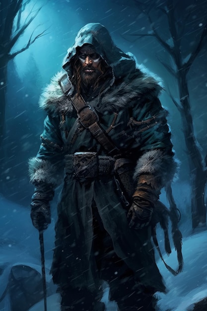 Un personaje de juego de tronos en un bosque nevado