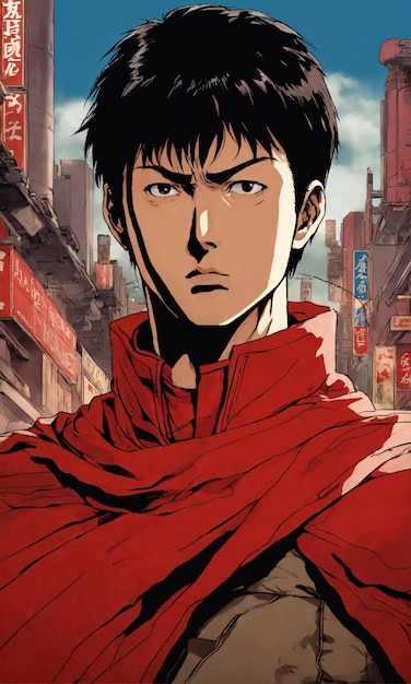 El personaje de Kaneda de la película Akira en primer plano con la capa roja y una actitud desafiante