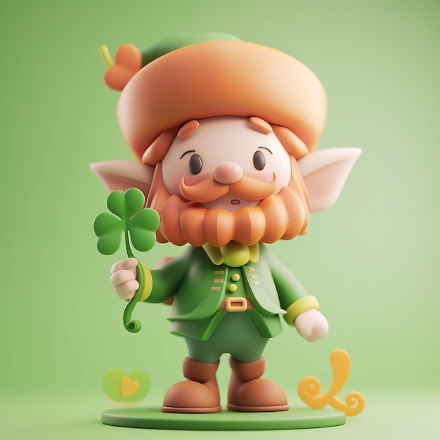 Foto un personaje leprechaun amistoso sosteniendo un trébol de cuatro hojas colores pastel suave 3d icono arcilla render