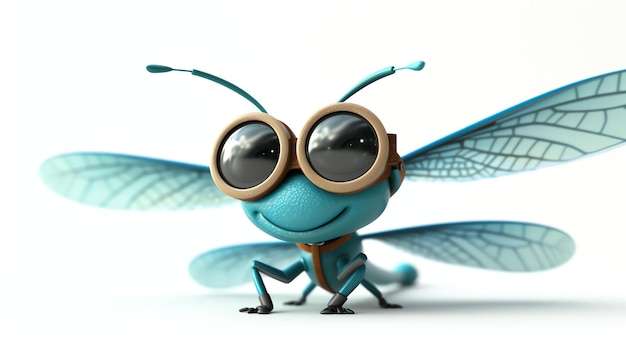 Un personaje de libélula lindo y amistoso tiene grandes ojos redondos y una expresión feliz en su cara