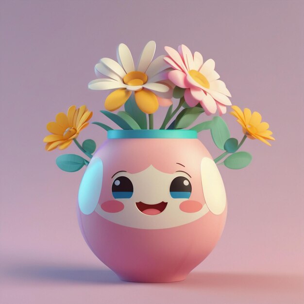 Foto un personaje lindo en 3d de un jarrón de flores.